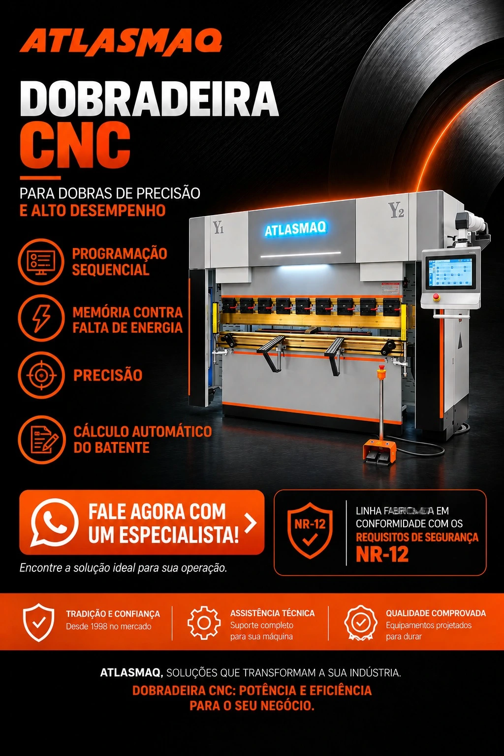 Dobradeira CNC Atlasmaq PVA 125/3200 com comando ESTUN E315PS e batente traseiro servo
